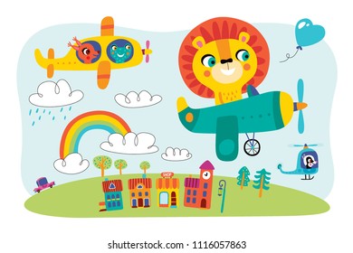 A landscape with cute little animals and kids transport. Vector illustration.