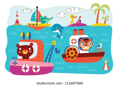 A landscape with cute little animals and kids transport. Vector illustration.