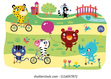 A landscape with cute little animals and kids transport. Vector illustration.