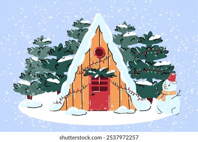 Paisaje con una linda casa triangular escandinava para vacaciones. Vacaciones de invierno. Pinos y un muñeco de nieve. Escapada a la montaña.