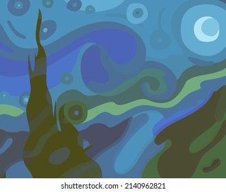 Landscape with cypress and moon.Vector illustration