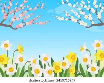 Paisaje de daffodils y ciruelas