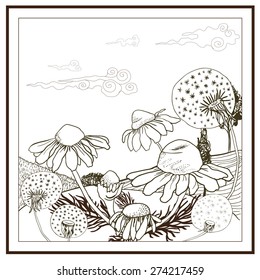 landscape with daisies and dandelions