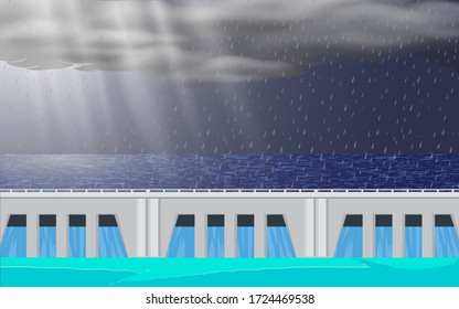 landscape of dam at the river in the rain day
