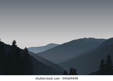 Landscape with dark blue silhouettes of mountains, hills and trees - vector illustration