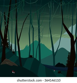 landscape of dark fabulous scary swamp background  for a game application for children, nature, amanita, dry trees, burning, dark sky, low clouds, spruce, boulders. vector illustration 