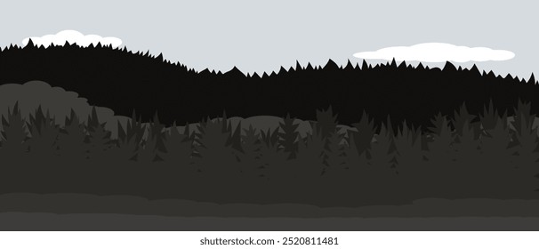 Landscape of dark forest hilly area. Low dense fog in black mountains. Horizontal natural night landscape with dark gray hills, gray sky, clouds, coniferous trees in the fog. Flat style.