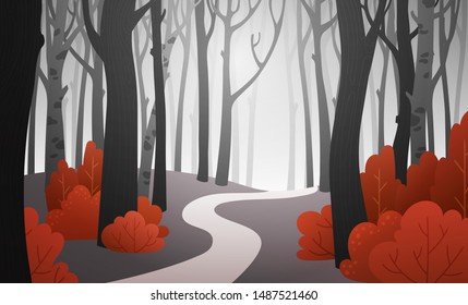 Landscape of a dark forest path with red bushes and black trees. Background illustration in vector.