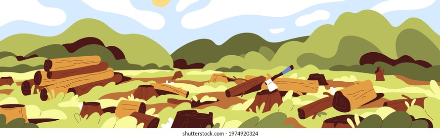 Landscape of dead nature with cut felled trees in forest. Deforestation, wood devastation and ecosystem destruction concept. Panoramic view of trunks and stumps. Colored flat vector illustration - Shutterstock ID 1974920324