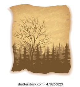 Landscape, Deciduous and Coniferous Fir Trees Silhouettes on Vintage Background of an Old Sheet of Paper. Eps10, Contains Transparencies. Vector