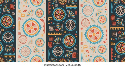 Estilo étnico decorativo paisajístico. Patrón inmaculado de arte cultural australiano, tortuga dibujada a mano. Resumen de estilo aborigen. Ilustración vectorial para la impresión textil de moda.