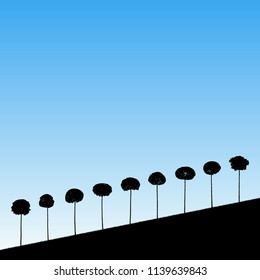 Landscape with decorative trees. Vector illustration with isolated silhouettes of maples growing on hill. Blue pastel background