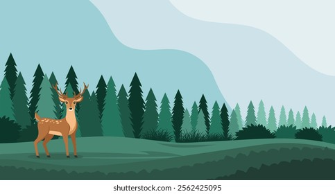 Landscape, deer in the forest. Horizontal banner. Wildlife illustration in flat style