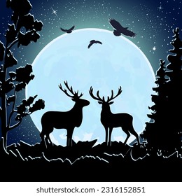 Landscape with deer and moon.Vector illustration with deer and birds on the background of the moon and stars.