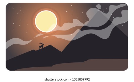 Landscape with with a deer in the mountains. Vector banners set with landscape illustration.