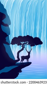 Landscape. Deer at the waterfall. Vector image.