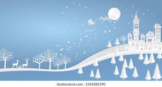 landscape deers in the forest and santa claus fly on the city with snow in the winter season. christmas, vector paper art concept.