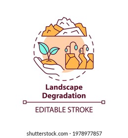 Landscape Degradation Concept Icon. Climate Justice Idea Thin Line Illustration. Human-induced Processes Acting Upon The Land Vector Isolated Outline RGB Color Drawing. Editable Stroke