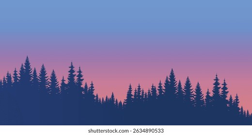 a landscape with a dense forest of dark silhouettes of fir trees against a sky that changes from blue to pink, probably during sunset or sunrise.