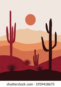 Landscape with desert and cactus. Sunset on a background of a mountain landscape. Flat style vector illustration. 