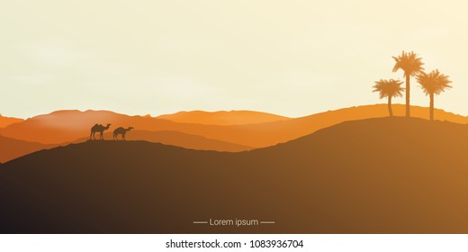 Landscape of the desert with camels and palm trees. Vector illustration