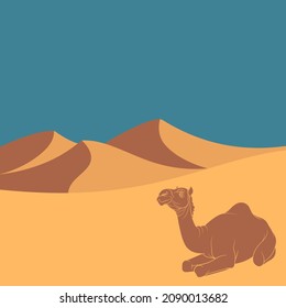 Landscape with desert, dunes and camel. Vector colored background.
