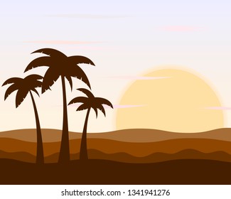 Landscape desert evening sun, palm trees and sand, picture for design, vector