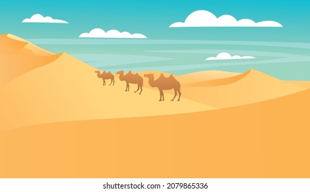 Landscape of desert with golden sand dunes under blue cloudy sky with walking camels. Hot dry deserted african nature background with yellow sandy hills parallax scene, Cartoon vector illustration