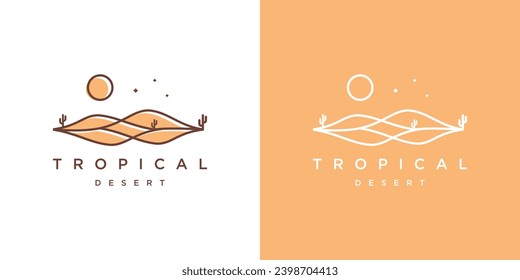 Landscape Desert Moon Logo Design with Oultine Lineart Minimalist Style. Icon Symbol Vector Design Template.