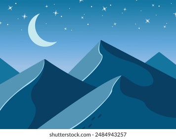 Landscape with desert, moon and starry sky. Vector illustration.