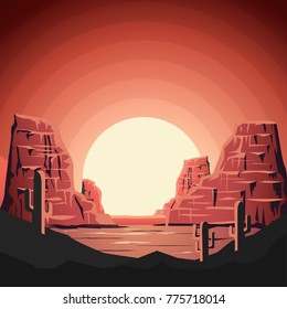 Landscape of desert with mountains in flat style. Design element for poster, banner. 