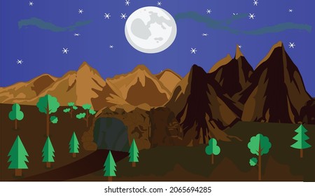 Landscape desert at night flat illustration with mountains, trees, moon, stars, clouds Etc.