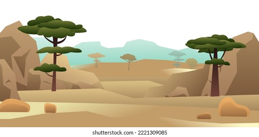 Landscape with desert and rocks. African acacia. Trees green foliage. Cartoon fun style. Isolated on white background. Flat design. Vector