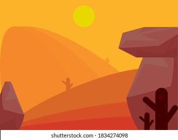landscape desert rocks cactus arid sun theme scene vector illustration