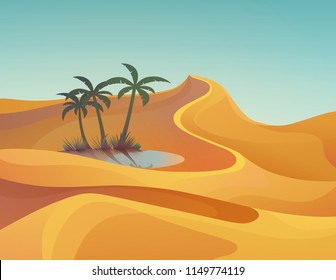 Landscape of desert with sand hills and oasis with palm trees. Africa, Sahara dune with lake. Daytime panorama at egypt climate, tree and pond at wasteland. Arabic and african land.