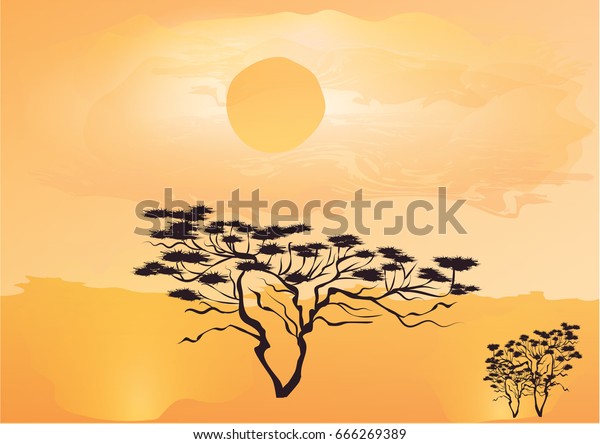 Landscape Desert Saxaul Hot Sun Art Stock Vector (Royalty Free) 666269389