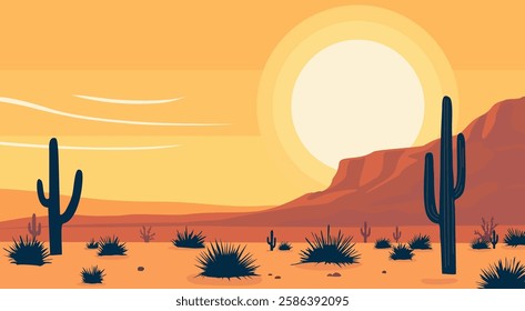 Landscape desert scene with a large sun in the sky and cactuses silhouettes. The sun is setting, creating a warm and peaceful atmosphere. Vector flat illustration