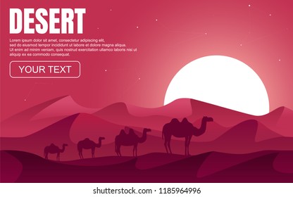 Landscape of the desert with silhouettes of camels
