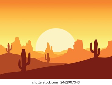 Landscape with the desert in the sunset in America. Vector illustration in flat style.