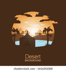 landscape desert.Bedouin tent with palms near oasis.Negative space illustration