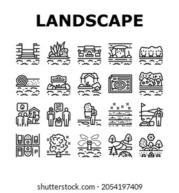 Landscape Design And Accessories Icons Set Vector. Landscape Design Plan And Care Service, Lighting Lamps And Irrigation System, Garden Furniture And Water Features Black Contour Illustrations