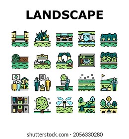Landscape Design And Accessories Icons Set Vector. Landscape Design Plan And Care Service, Lighting Lamps And Irrigation System, Garden Furniture And Water Features Line. Color Illustrations