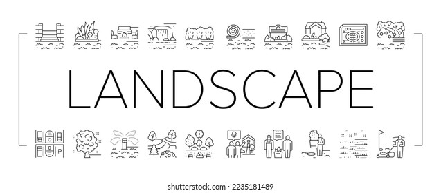 Landscape Design And Accessories Icons Set Vector. Landscape Design Plan And Care Service, Lighting Lamps And Irrigation System, Garden Furniture And Water Features Black Contour Illustrations