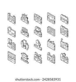 Landscape Design And Accessories isometric icons set. Landscape Design Plan And Care Service, Lighting Lamps And Irrigation System, Garden Furniture And Water Features Line. Color .