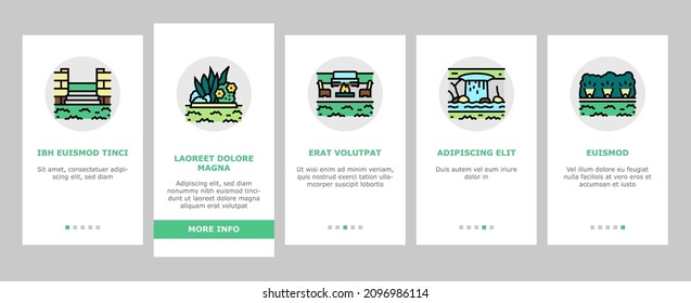 Landscape Design And Accessories Onboarding Mobile App Page Screen Vector. Landscape Design Plan And Care Service, Lighting Lamps And Irrigation System, Garden Furniture Water Features Illustrations