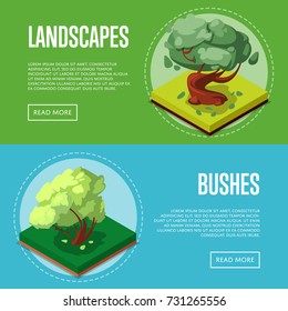 Landscape design. Advertising header banner set offering landscape design service. Bush and tree for parkland decoration. Vector illustration
