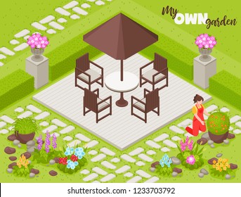 Landscape design background with fence flowers and plants isometric vector illustration