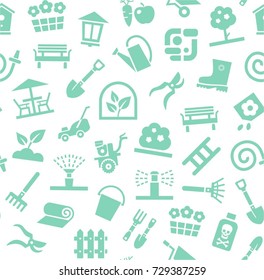 Landscape design, background, seamless, blue and white, vector. Background with equipment for gardening and horticulture. Turquoise, flat pictures on a white field. Arrangement of land. 
