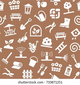 Landscape design, background, seamless, brown, vector. Background with equipment for gardening and horticulture. White, flat drawings on a brown field. Arrangement of land. 