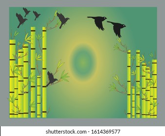Landscape design, bamboo stems with leaves, flying birds, graphic design brush template
